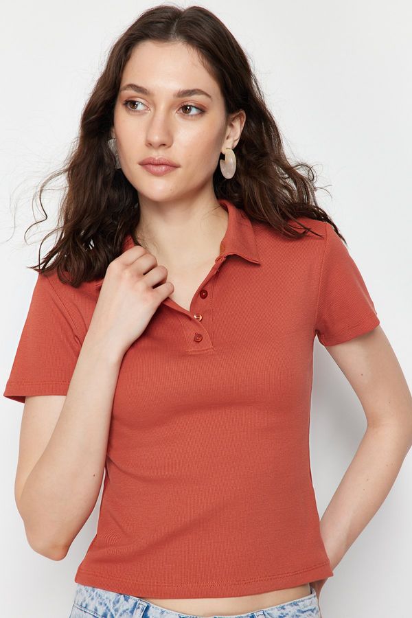Trendyol Trendyol Cinnamon Polo Collar Buttoned Short Sleeve Flexible Ribbed Knitted Blouse