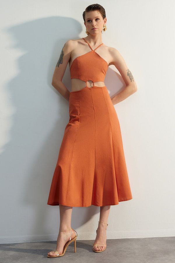 Trendyol Trendyol Cinnamon Skater/Waist Opening Window Detail Midi Woven Linen Blended Dress
