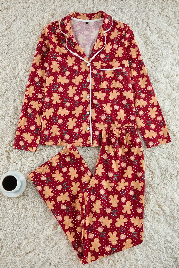 Trendyol Trendyol Claret Red 100% Cotton Christmas Themed Piping Knitted Pajama Set