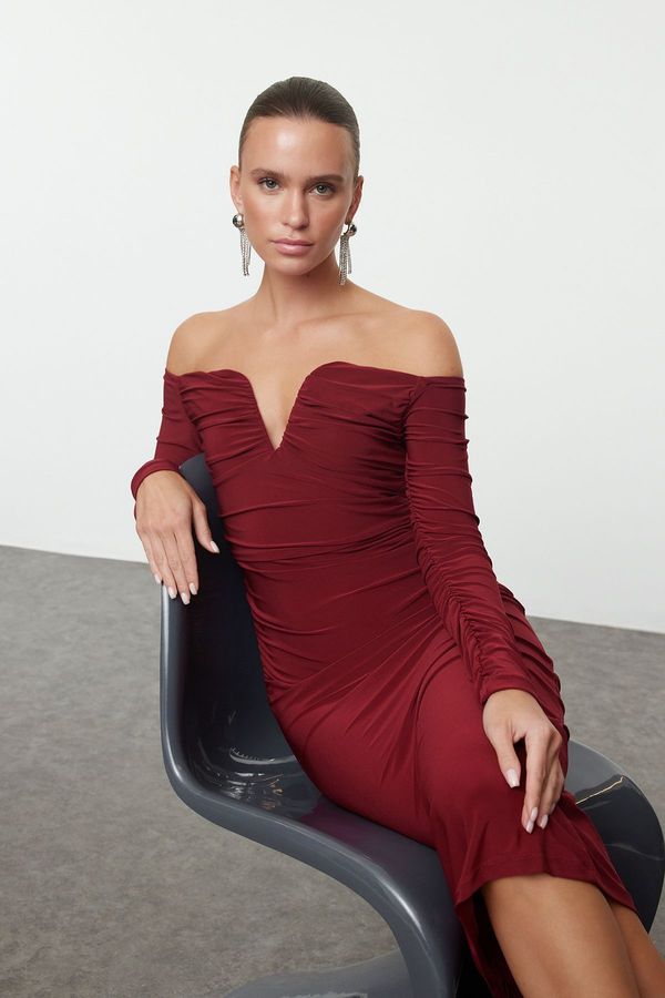 Trendyol Trendyol Claret Red Body-Smoothing Carmen Collar Knitted Dress