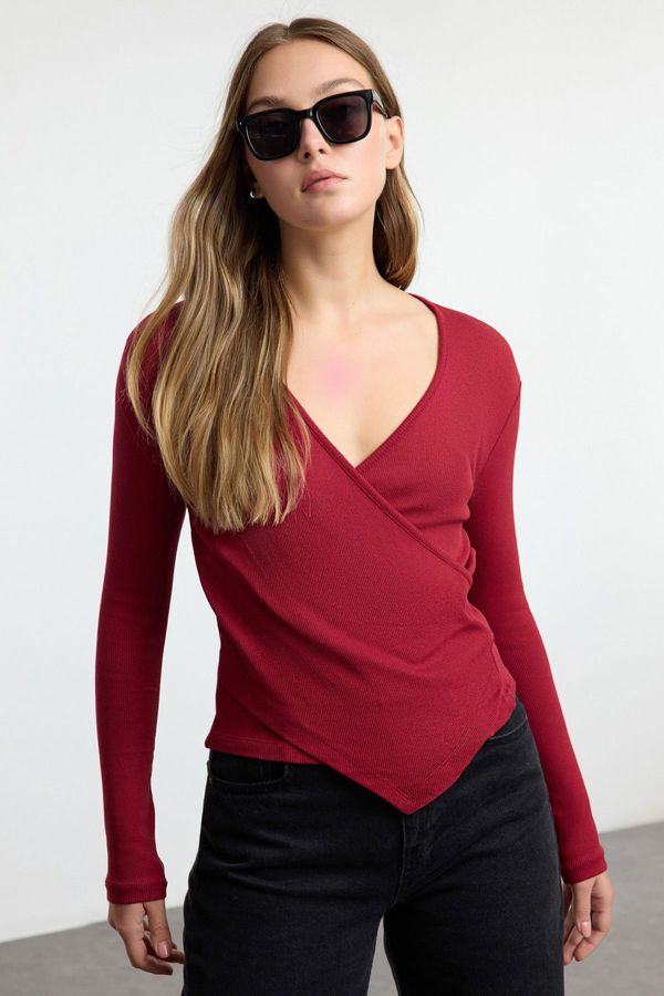 Trendyol Trendyol Claret Red Fitted Double Breasted Neck Long Sleeve Ribbed Stretchy Knitted Blouse