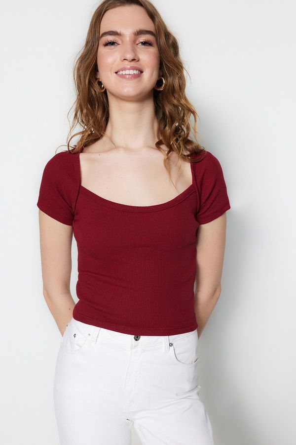 Trendyol Trendyol Claret Red Fitted Square Neck Crop Corduroy Stretch Knitted Blouse