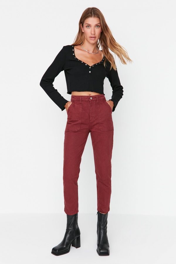 Trendyol Trendyol Claret Red High Waist Mom Jeans with Pockets