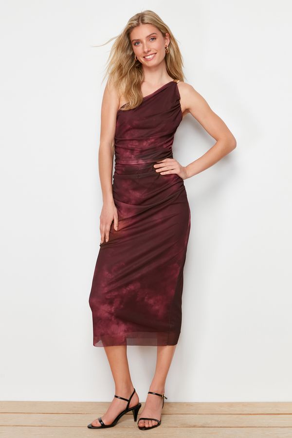 Trendyol Trendyol Claret Red One-Sleeve Body-Fitting Accessory Detailed Tulle Flexible Knitted Midi Pencil Dress