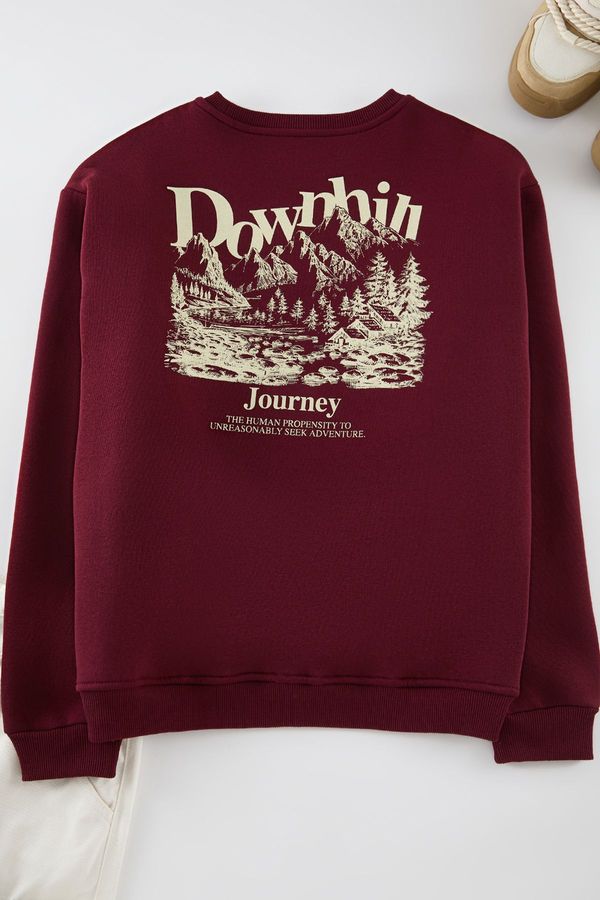 Trendyol Trendyol Claret Red Oversize/Wide Cut Printed Embroidered Fleece Inside Sweatshirt