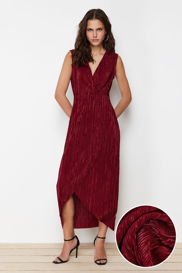 Trendyol Trendyol Claret Red Pleat Regular/Normal Pattern Double Breasted Collar Knitted Maxi Dress