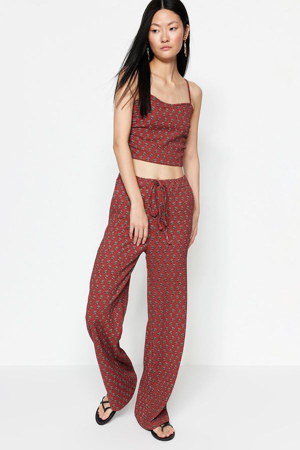 Trendyol Trendyol Claret Red Printed Crop Strap Knitted Top and Bottom Set