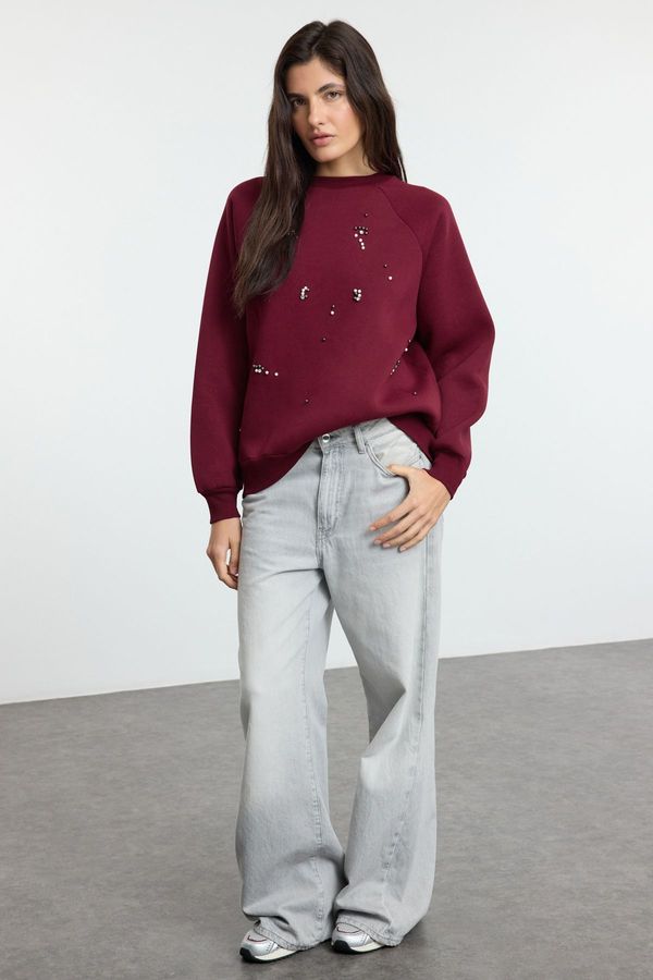 Trendyol Trendyol Claret Red Stone Detailed Relaxed/Comfortable Pattern Thick Polar Fleece Knitted Sweatshirt