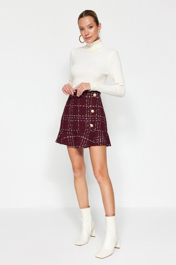 Trendyol Trendyol Claret Red with Buttons and Tweed Fabric Hem with Ruffles, Mini Woven Skirt