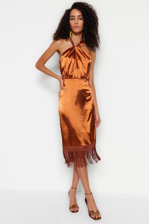 Trendyol Trendyol Copper Body-Fitting Woven Tasseled Satin Elegant Evening Dress