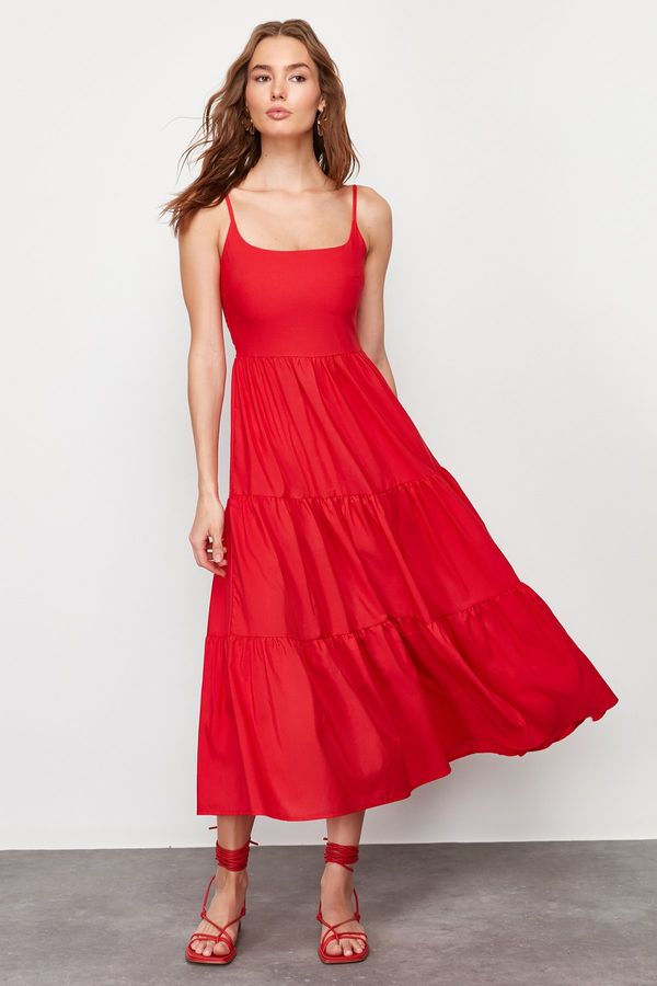 Trendyol Trendyol Cotton Blended Woven Maxi Dress with Red Skirt Opening at the Waist