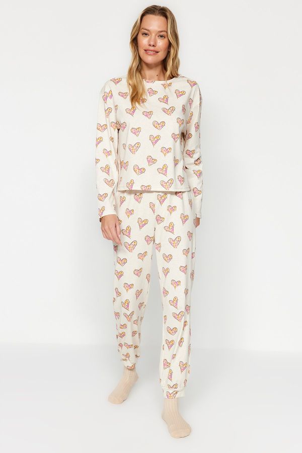 Trendyol Trendyol Cream 100% Cotton Heart Tshirt-Jogger Knitted Pajama Set