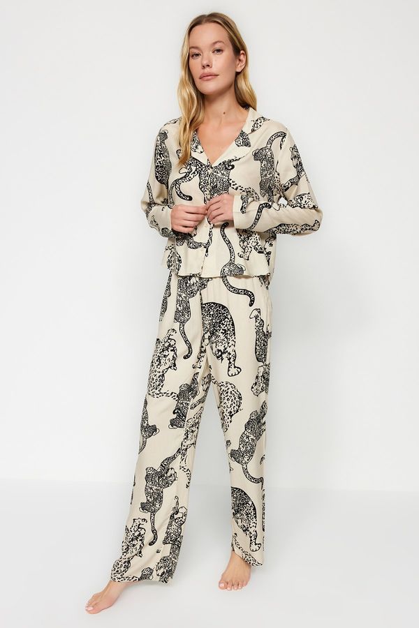 Trendyol Trendyol Cream Leopard Patterned Viscose Shirt-Pants Woven Pajama Set