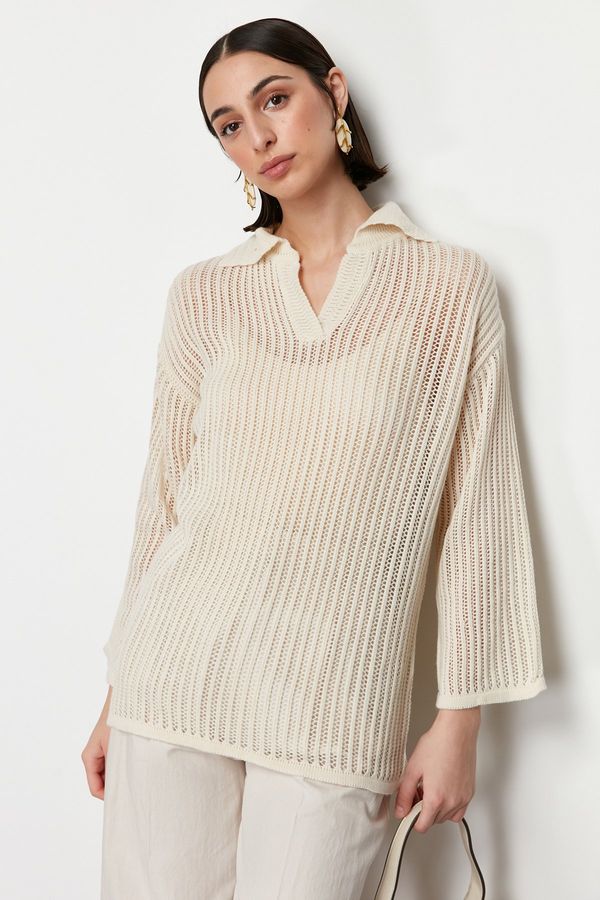 Trendyol Trendyol Cream Polo Neck Openwork/Perforated Knitwear Sweater