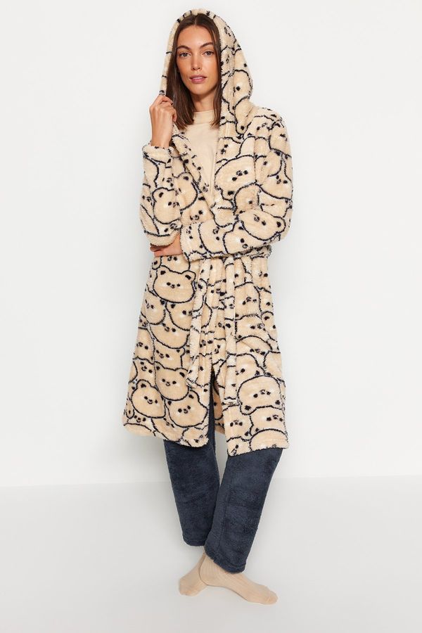 Trendyol Trendyol Cream Wellsoft Animal Pattern Hooded Knitted Dressing Gown