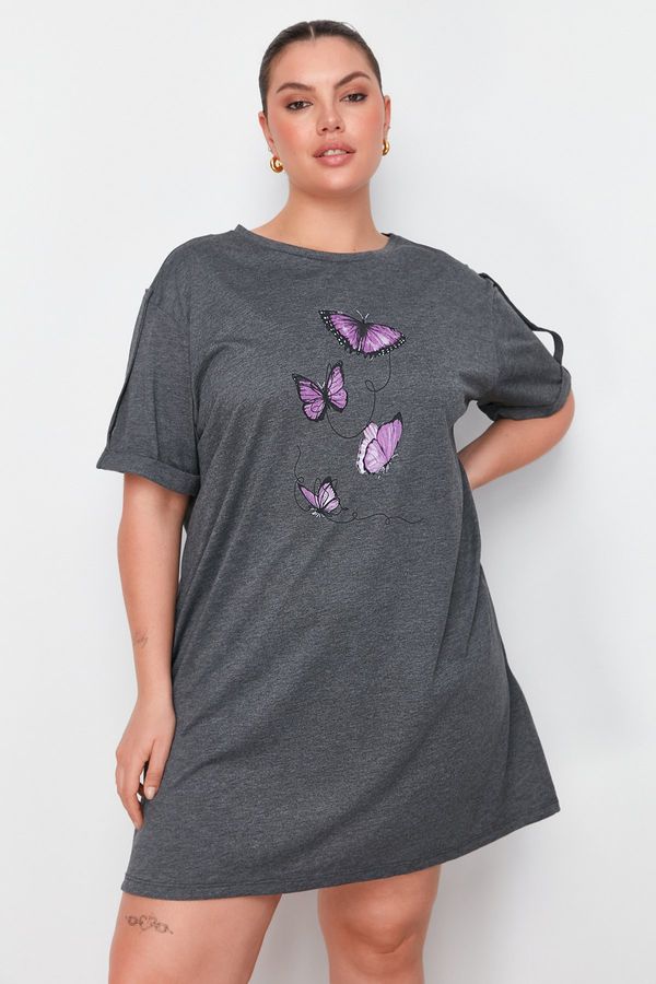 Trendyol Trendyol Curve Anthracite Butterfly Print Knitted T-shirt Dress