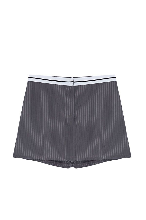 Trendyol Trendyol Curve Anthracite Waist Belt Detailed Mini Striped Woven Shorts Skirt