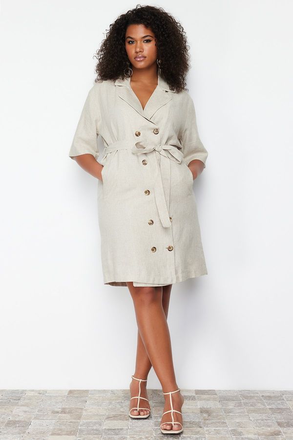 Trendyol Trendyol Curve Beige Double Breasted Closure Woven Jacket Linen Blended Dress