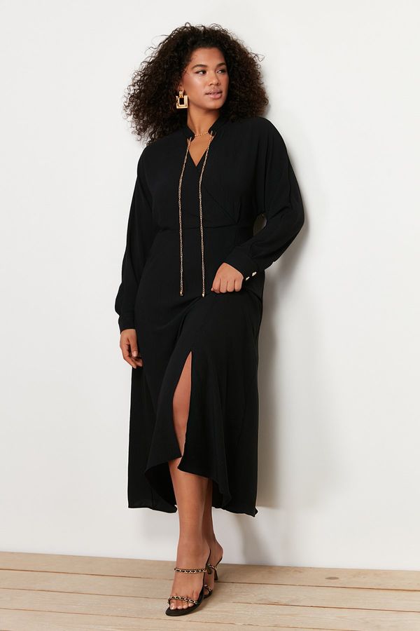 Trendyol Trendyol Curve Black Accessory Detailed Chiffon Woven Midi Dress