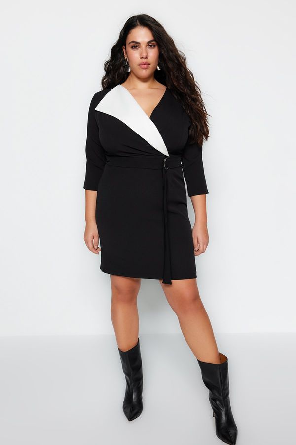 Trendyol Trendyol Curve Black Belted Double Breasted Collar Mini Woven Dress