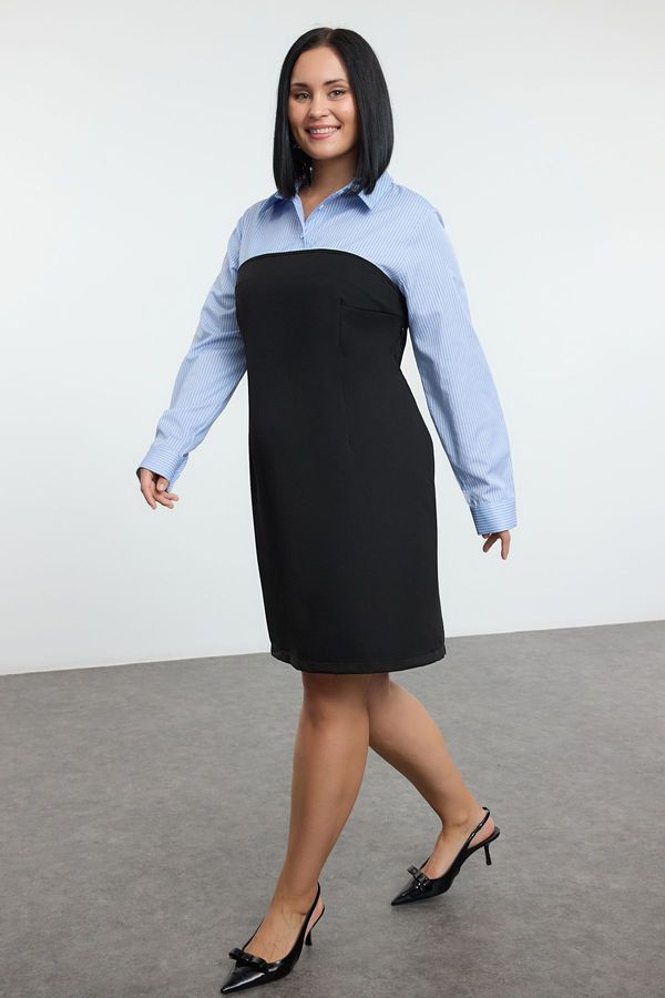 Trendyol Trendyol Curve Black Bodycone Strapless Mini Woven Plus Size Blue-White Striped Shirt Dress