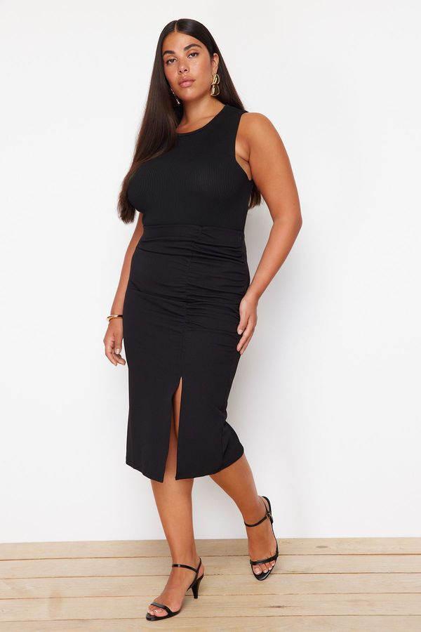 Trendyol Trendyol Curve Black Crepe Fabric Midi Knitted Skirt with Drape and Slit Detail