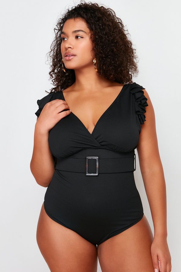 Trendyol Trendyol Curve Black Deep V Belted Knitted Swimsuit with Recovery Effect
