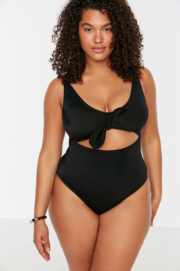 Trendyol Trendyol Curve Black Deep V-neck Cut-Out Tied Throw Covered Recovery Effect Swimsuit