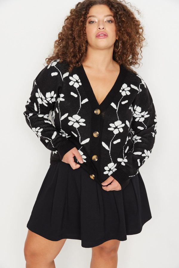 Trendyol Trendyol Curve Black Floral Patterned Knitwear Cardigan