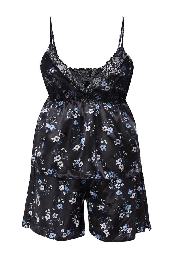 Trendyol Trendyol Curve Black Floral Patterned Lace Satin Woven Pajama Set