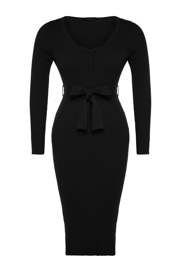 Trendyol Trendyol Curve Black Knitwear Dress with Tie Detail and Buttons at the waist