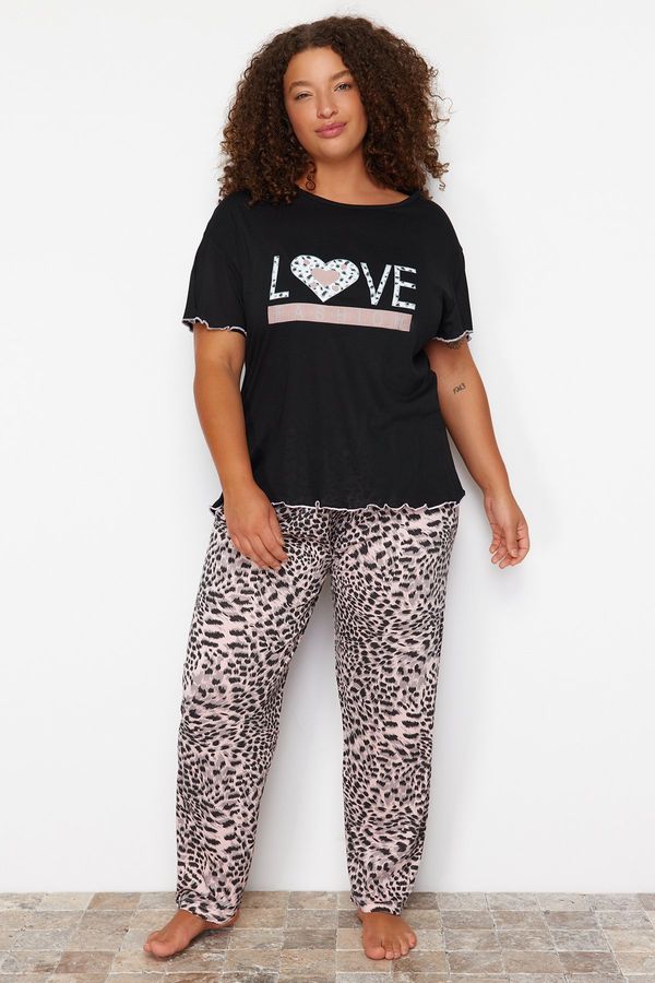 Trendyol Trendyol Curve Black Leopard Patterned Knitted Pajamas Set