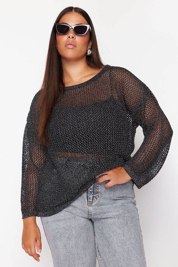 Trendyol Trendyol Curve Black Lurex Boat Neck Openwork/Hole Knitwear Sweater