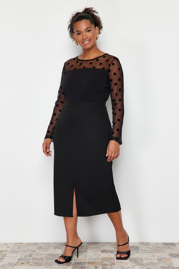 Trendyol Trendyol Curve Black Polka Dot Mesh Detailed Knitted Blouse