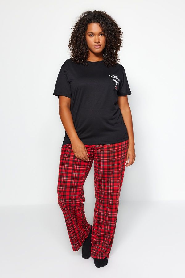 Trendyol Trendyol Curve Black Printed Plaid Flannel Woven Pajamas Set