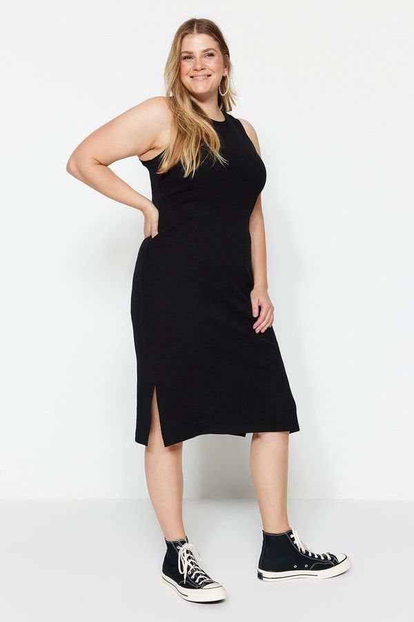 Trendyol Trendyol Curve Black Ribbed Crew Neck Slit Knitted Dress