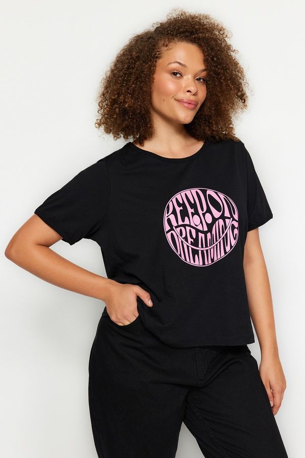 Trendyol Trendyol Curve Black Slogan Printed Crop Knitted T-shirt