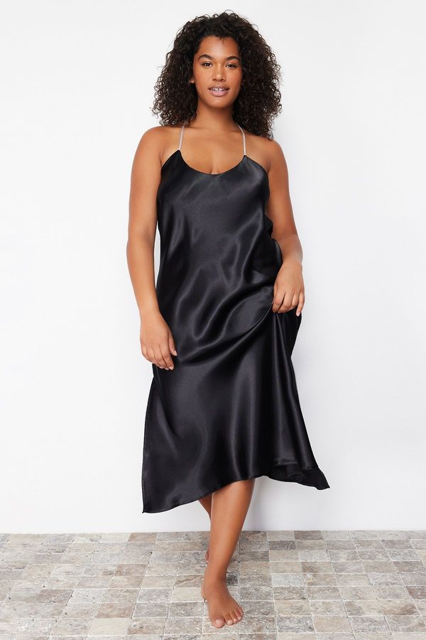 Trendyol Trendyol Curve Black Strappy Satin Woven Nightgown