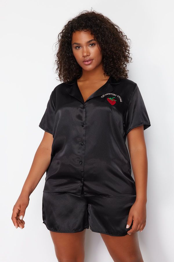 Trendyol Trendyol Curve Black Strawberry Embroidered Shirt Collar Satin Pajama Set