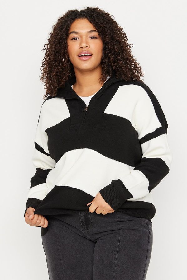 Trendyol Trendyol Curve Black Striped Zipper Off Shoulder Knitwear Sweater