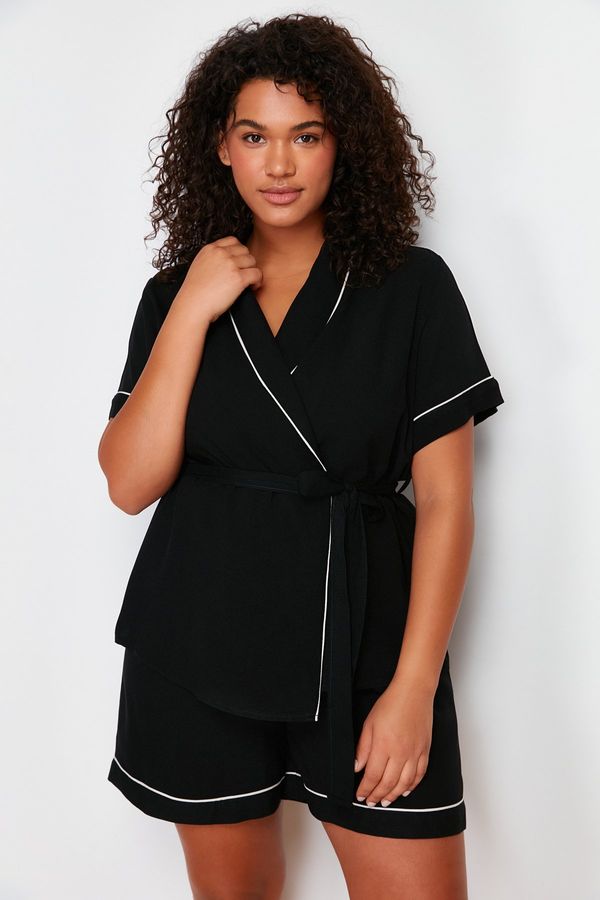 Trendyol Trendyol Curve Black Tie and Piping Detailed Woven Pajamas Set