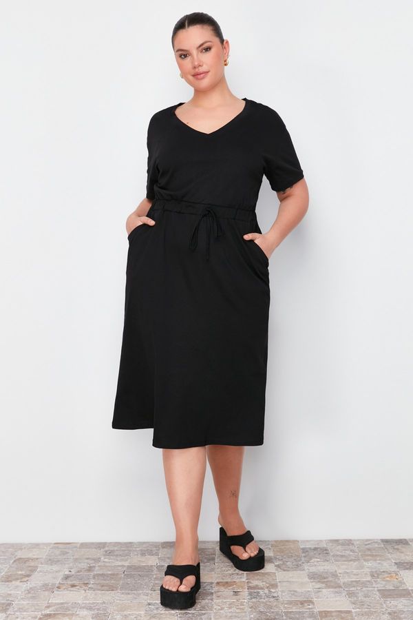 Trendyol Trendyol Curve Black Waist Rubber Detailed Midi Knitted Dress