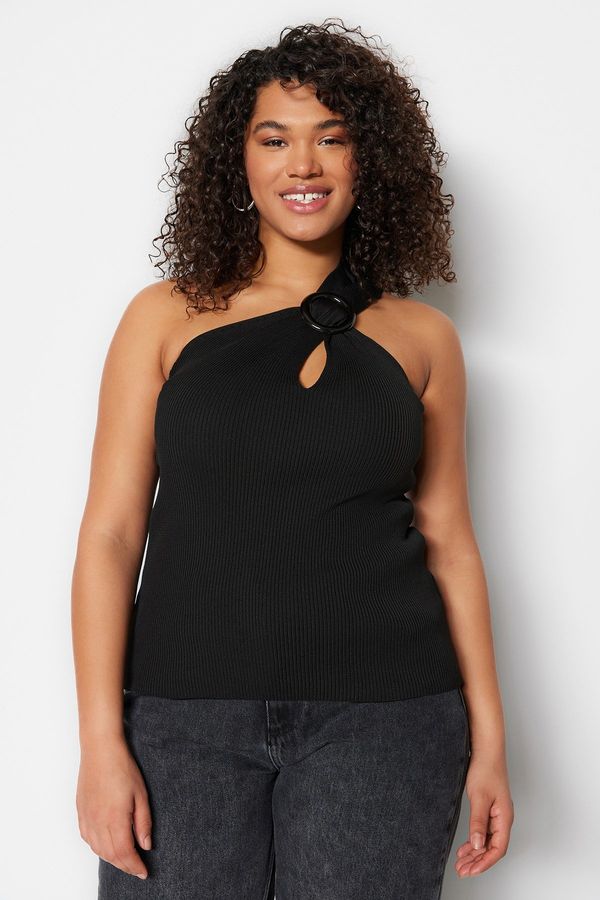 Trendyol Trendyol Curve Black Wrapped One-Shoulder Thin Knitwear Blouse with Accessories