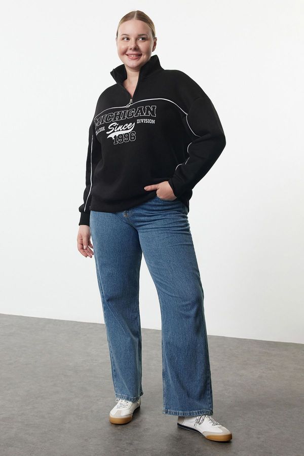 Trendyol Trendyol Curve Black Zippered Printed Oversize/Wide Fit Thick Fleece Knitted Sweatshirt