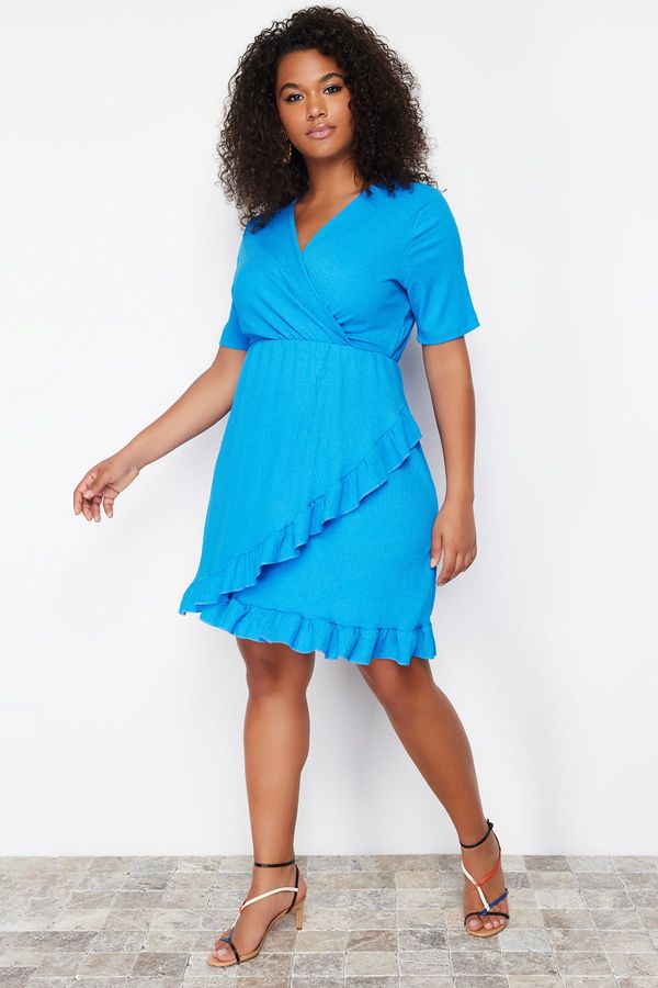 Trendyol Trendyol Curve Blue Double Breasted Flounce Mini Knitted Dress