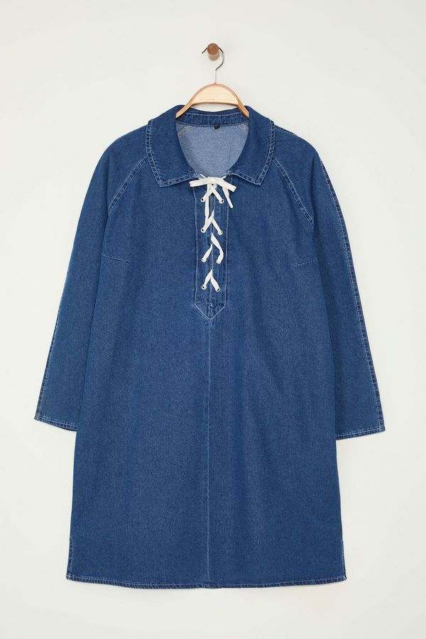 Trendyol Trendyol Curve Blue Rigid Denim Shirt Collar Lace Up Plus Size Dress