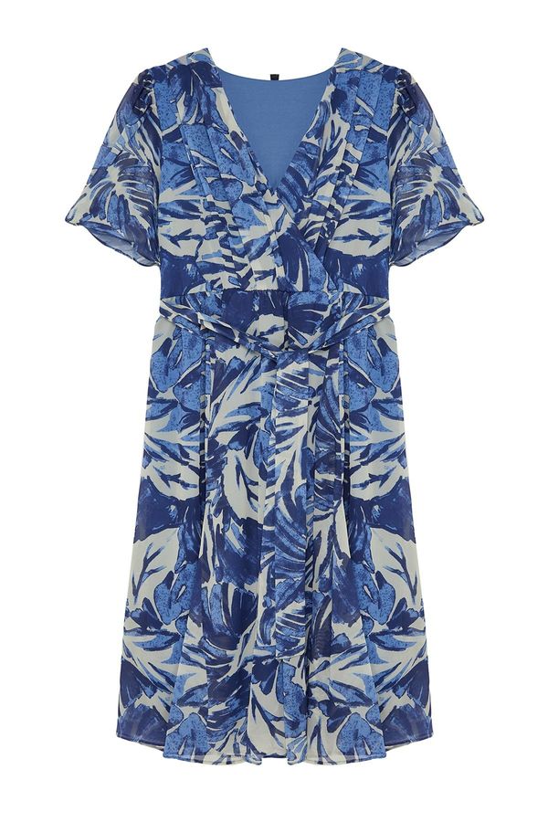 Trendyol Trendyol Curve Blue Tropical Leaf Patterned Chiffon Double Breasted Woven Dress
