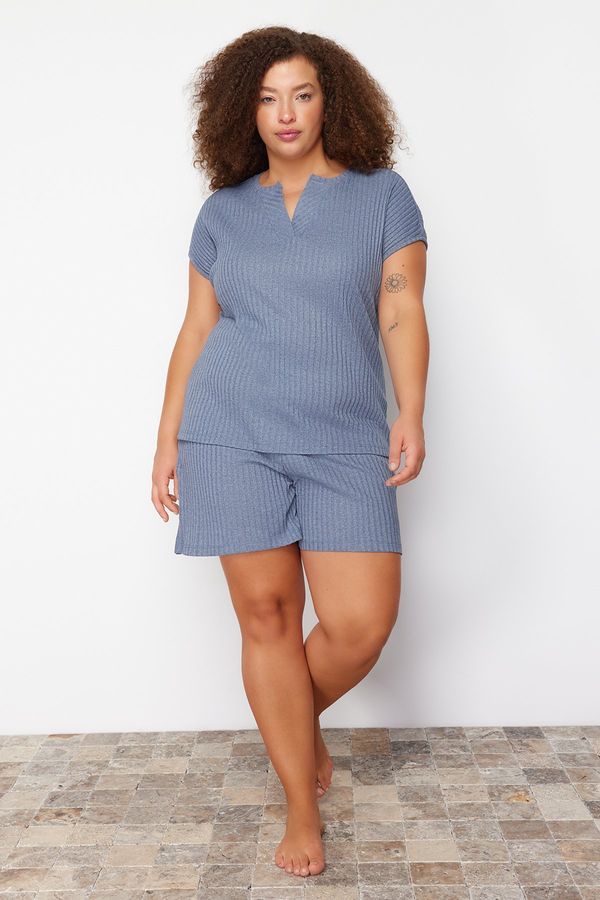 Trendyol Trendyol Curve Blue V-Neck Camisole Knitted Pajama Set