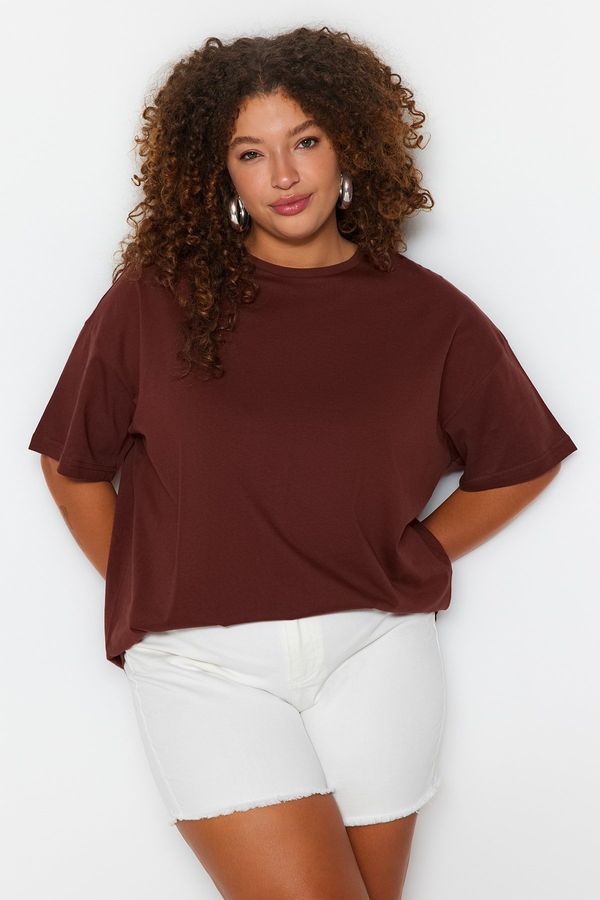 Trendyol Trendyol Curve Brown Crew Neck Back Printed Knitted T-shirt