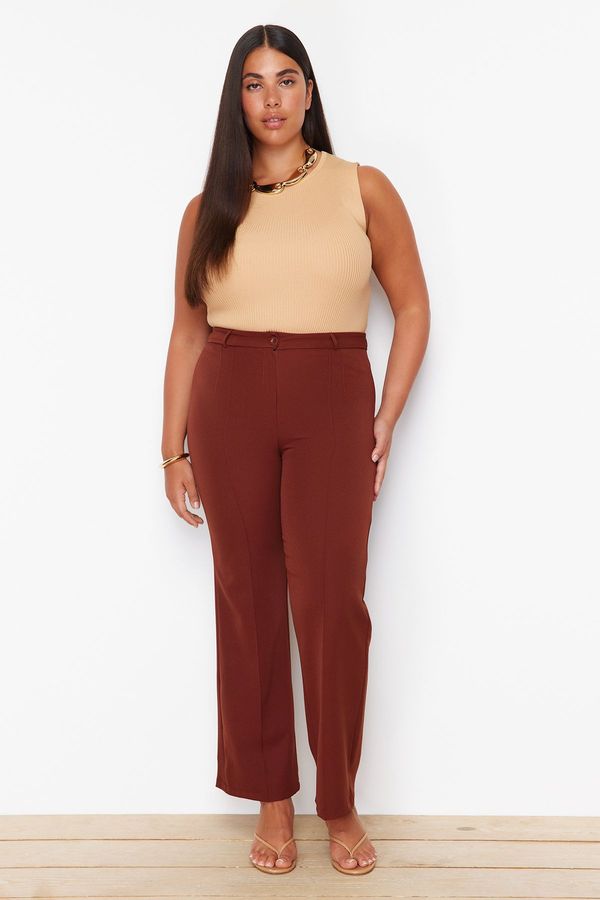 Trendyol Trendyol Curve Brown High Waist Ribbed Stitched Wide Leg Trousers